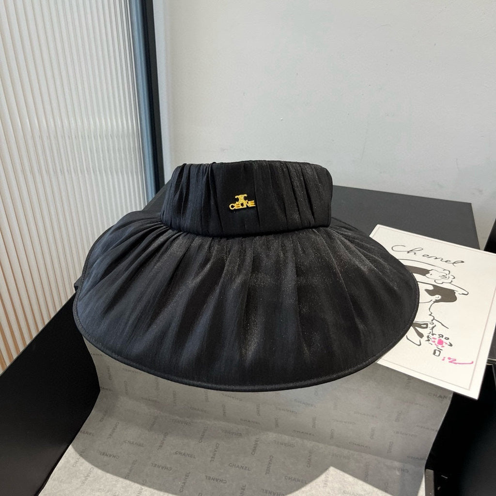 CELINE WIDE BRIM HALF HEAD HAT MODEL 650342 IN BLACK PLEATED SATIN