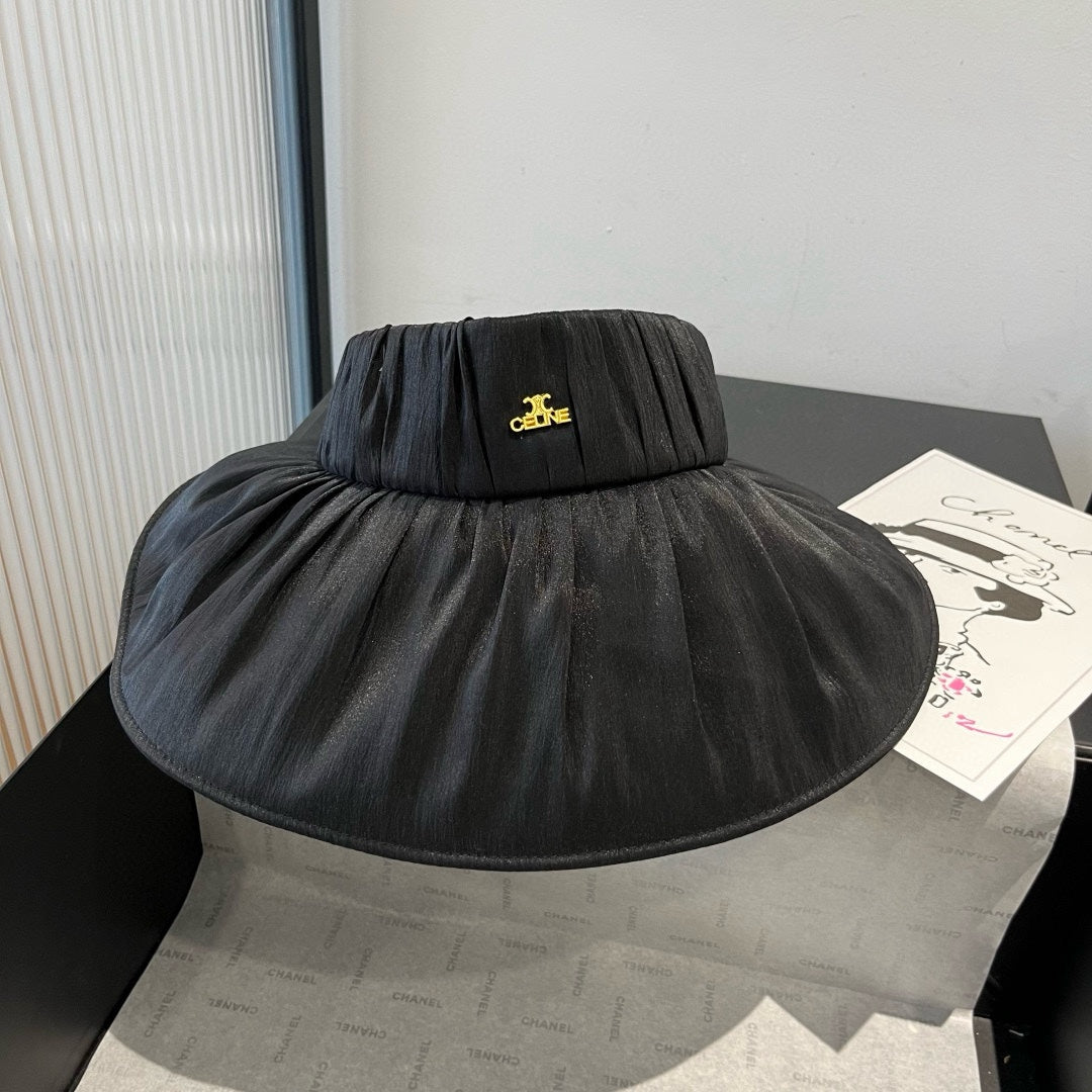 CELINE WIDE BRIM HALF HEAD HAT MODEL 650342 IN BLACK PLEATED SATIN