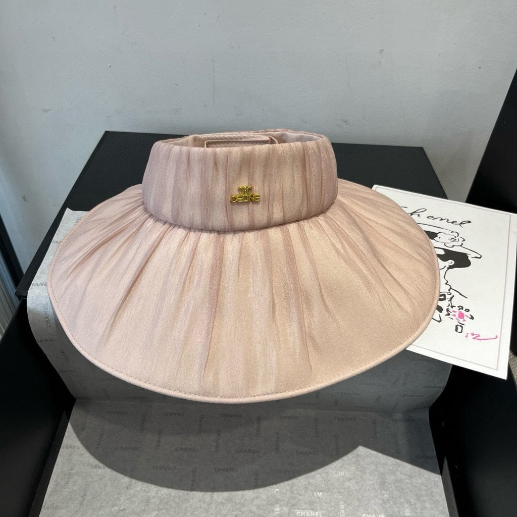 CELINE WIDE BRIM HALF HEAD HAT MODEL 650343 IN LIGHT PINK PLEATED SATIN