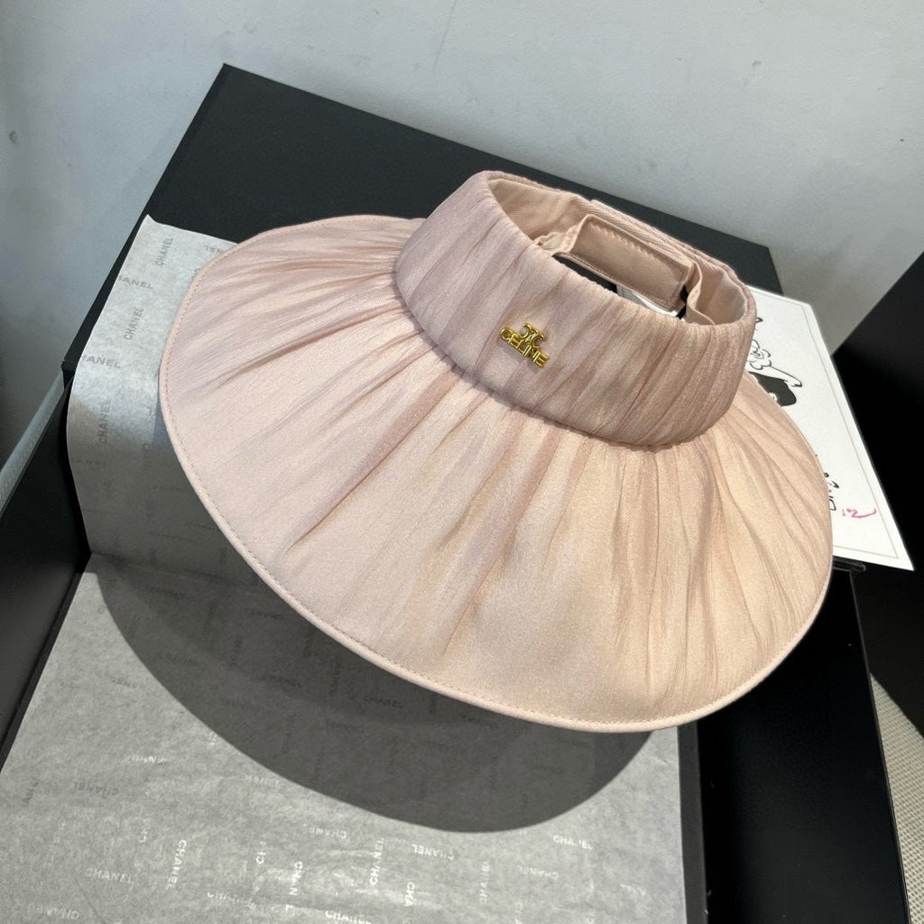 CELINE WIDE BRIM HALF HEAD HAT MODEL 650343 IN LIGHT PINK PLEATED SATIN