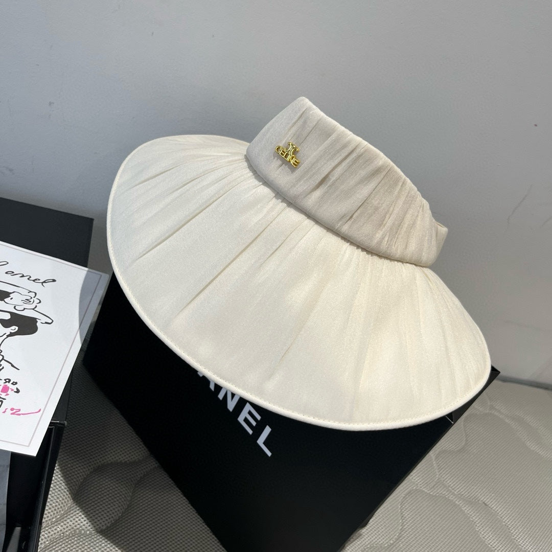 CELINE WIDE BRIM HALF HEAD HAT MODEL 650344 IN CREAM WHITE PLEATED SATIN