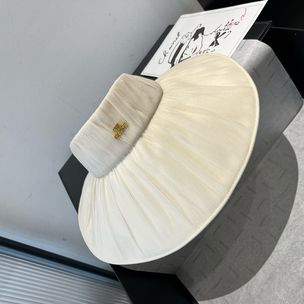 CELINE WIDE BRIM HALF HEAD HAT MODEL 650344 IN CREAM WHITE PLEATED SATIN