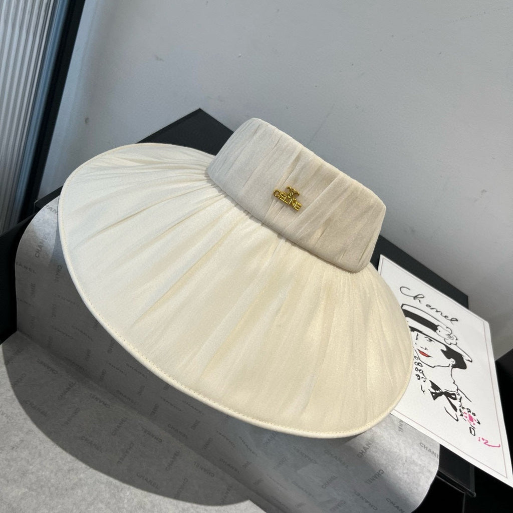 CELINE WIDE BRIM HALF HEAD HAT MODEL 650344 IN CREAM WHITE PLEATED SATIN