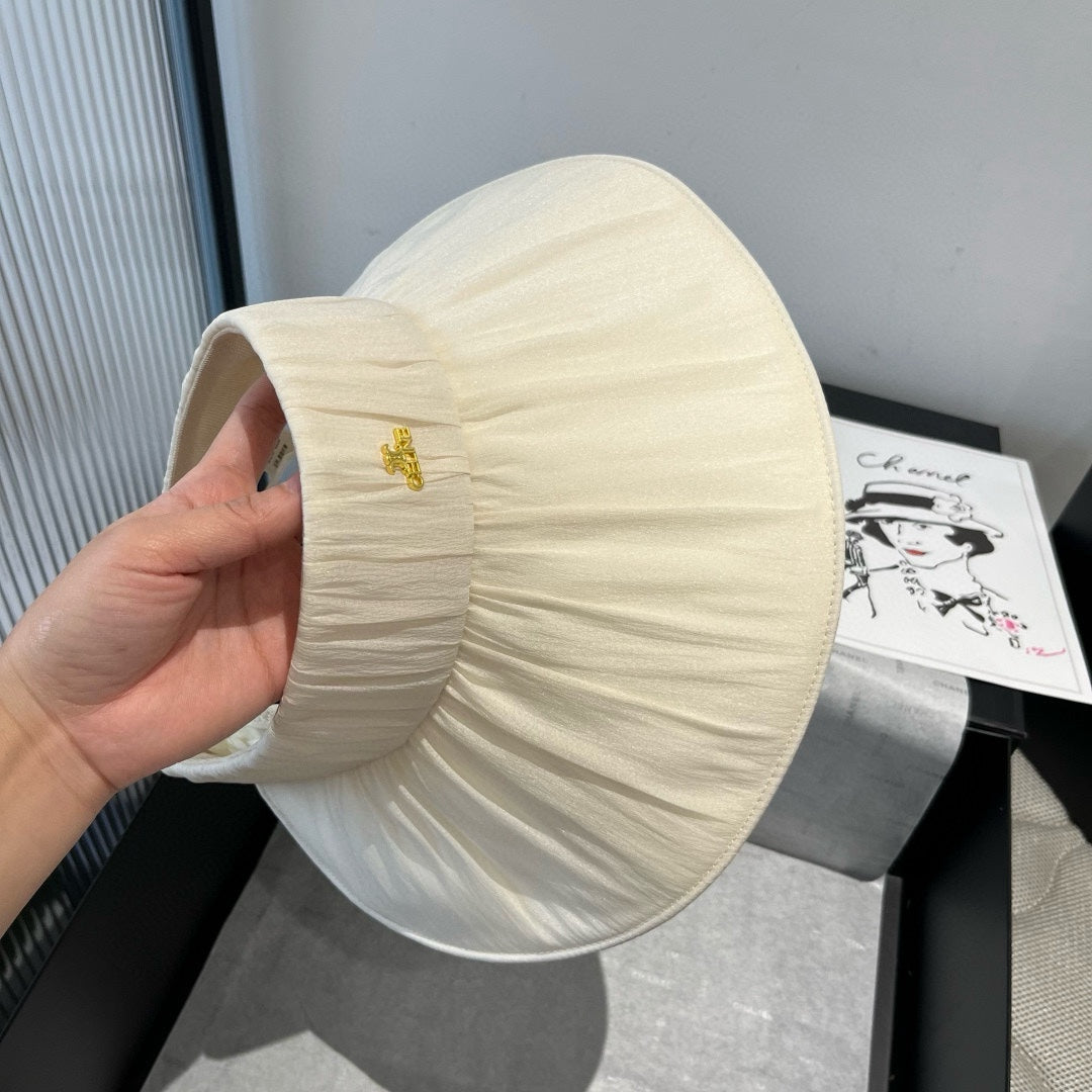 CELINE WIDE BRIM HALF HEAD HAT MODEL 650344 IN CREAM WHITE PLEATED SATIN