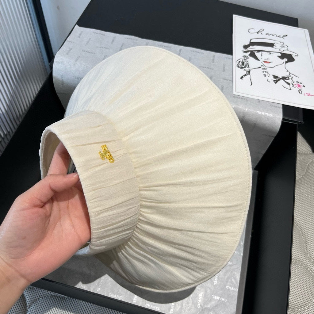 CELINE WIDE BRIM HALF HEAD HAT MODEL 650344 IN CREAM WHITE PLEATED SATIN