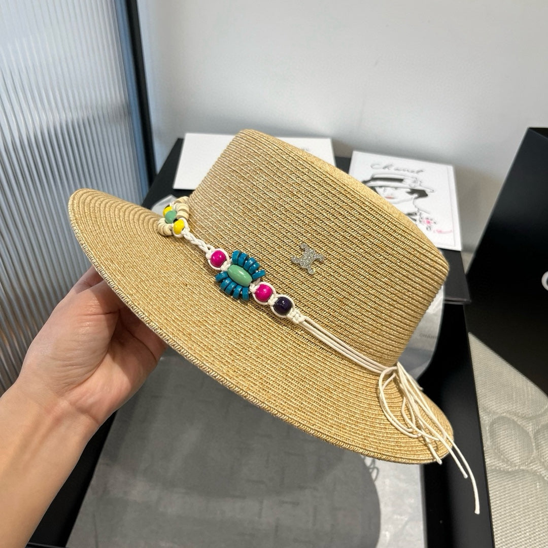 CELINE BEAD DECOR STRAW HAT MODEL 650345 IN NATURAL WOVEN STRAW