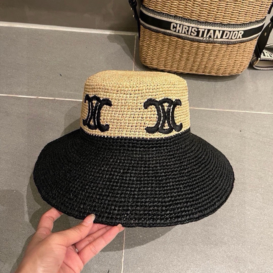 CELINE WIDE BRIM HAT MODEL 650346 IN NATURAL & BLACK WOVEN STRAW