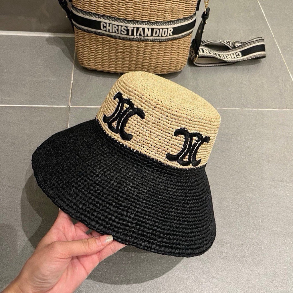 CELINE WIDE BRIM HAT MODEL 650346 IN NATURAL & BLACK WOVEN STRAW