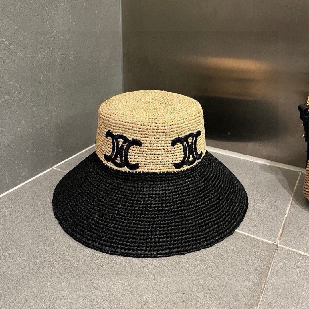 CELINE WIDE BRIM HAT MODEL 650346 IN NATURAL & BLACK WOVEN STRAW