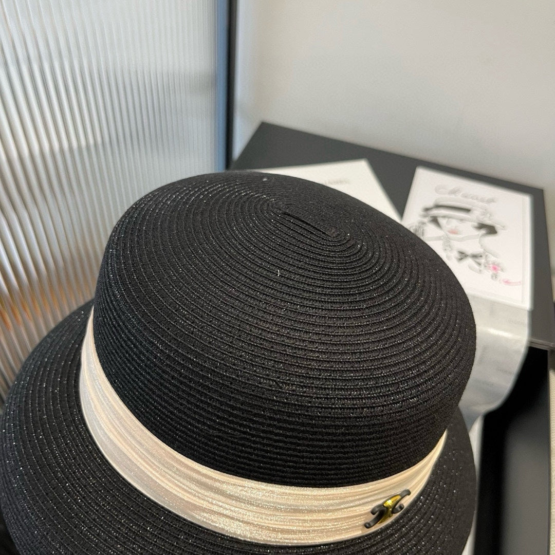 CELINE SMALL BRIM HAT MODEL 650349 IN BLACK WOVEN STRAW