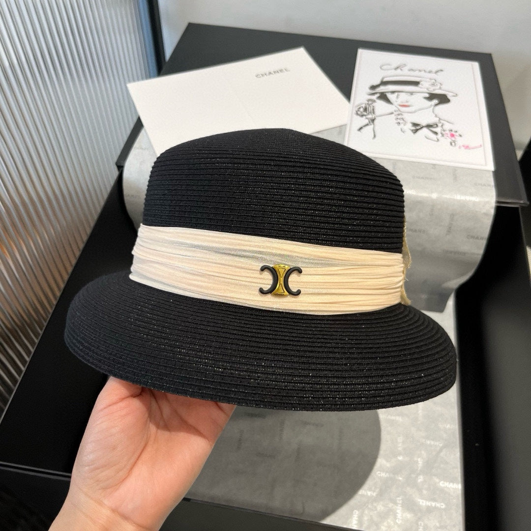 CELINE SMALL BRIM HAT MODEL 650349 IN BLACK WOVEN STRAW