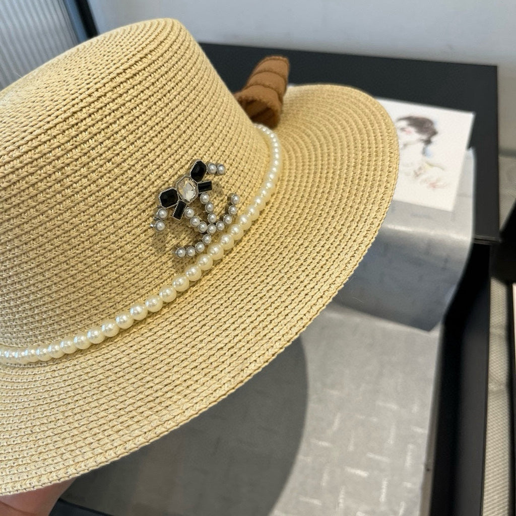 CHANEL FLAT STRAW HAT WITH BOW BROWN 673922