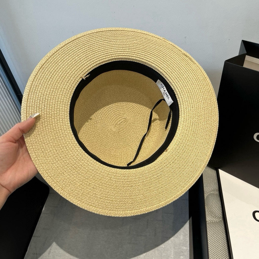 CHANEL FLAT STRAW HAT WITH BOW BROWN 673922