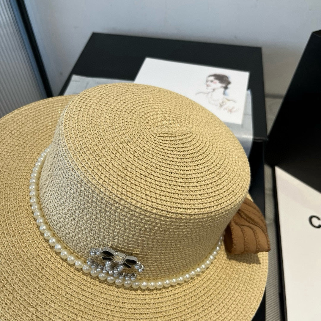 CHANEL FLAT STRAW HAT WITH BOW BROWN 673922