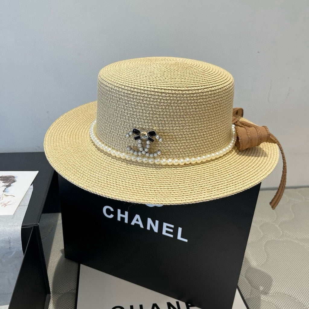 CHANEL FLAT STRAW HAT WITH BOW BROWN 673922