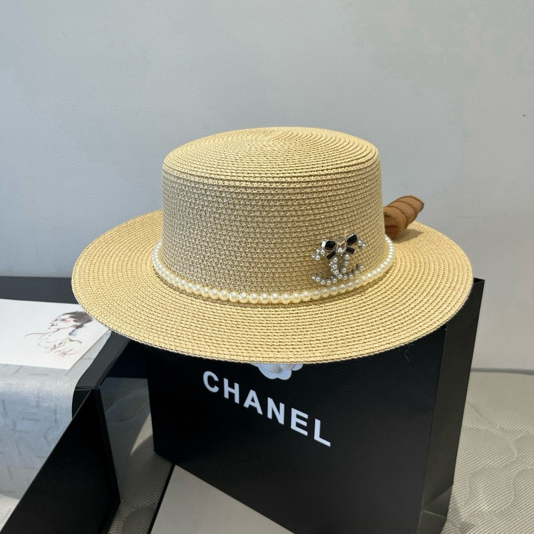 CHANEL FLAT STRAW HAT WITH BOW BROWN 673922