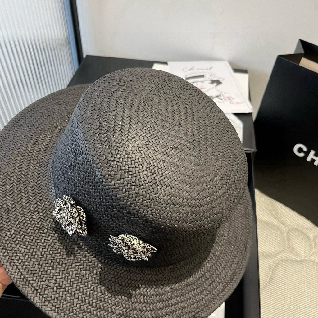 CHANEL FLAT STRAW HAT BLACK FLOWER ATTACHMENT 673929
