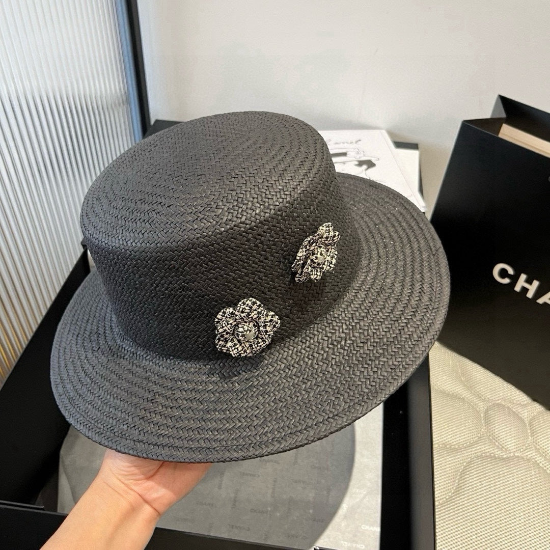 CHANEL FLAT STRAW HAT BLACK FLOWER ATTACHMENT 673929