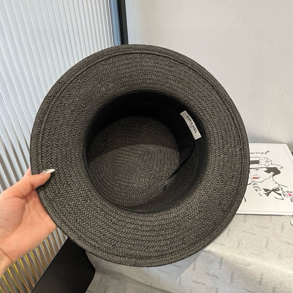 CHANEL FLAT STRAW HAT BLACK FLOWER ATTACHMENT 673929