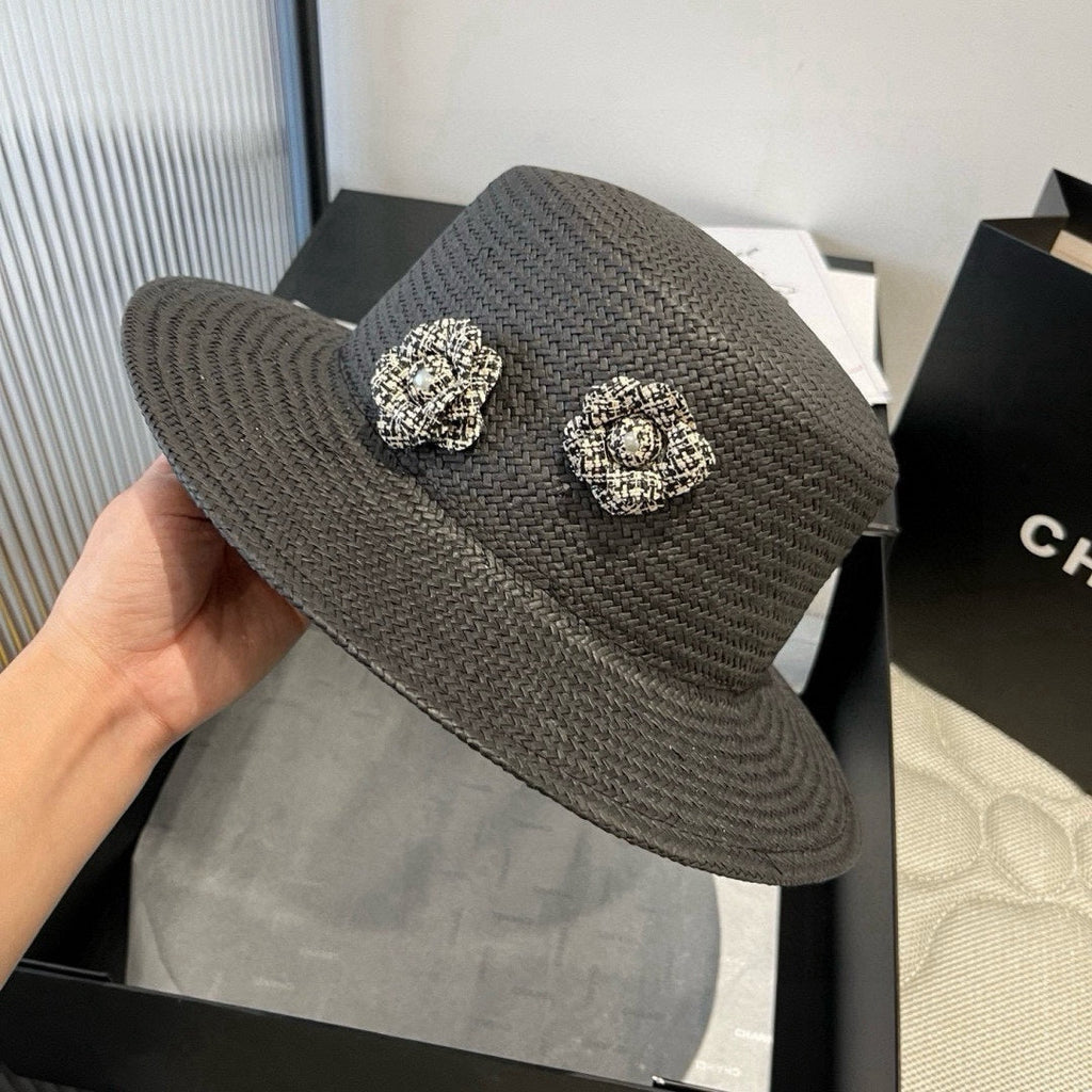 CHANEL FLAT STRAW HAT BLACK FLOWER ATTACHMENT 673929