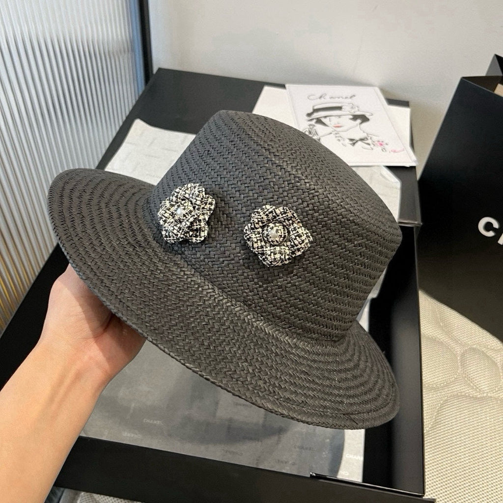 CHANEL FLAT STRAW HAT BLACK FLOWER ATTACHMENT 673929