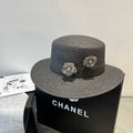 CHANEL FLAT STRAW HAT BLACK FLOWER ATTACHMENT 673929