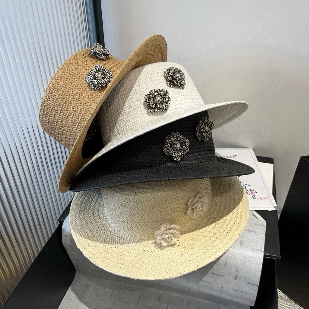 CHANEL FLAT STRAW HAT BLACK FLOWER ATTACHMENT 673929