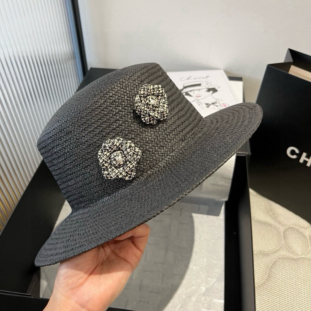 CHANEL FLAT STRAW HAT BLACK FLOWER ATTACHMENT 673929