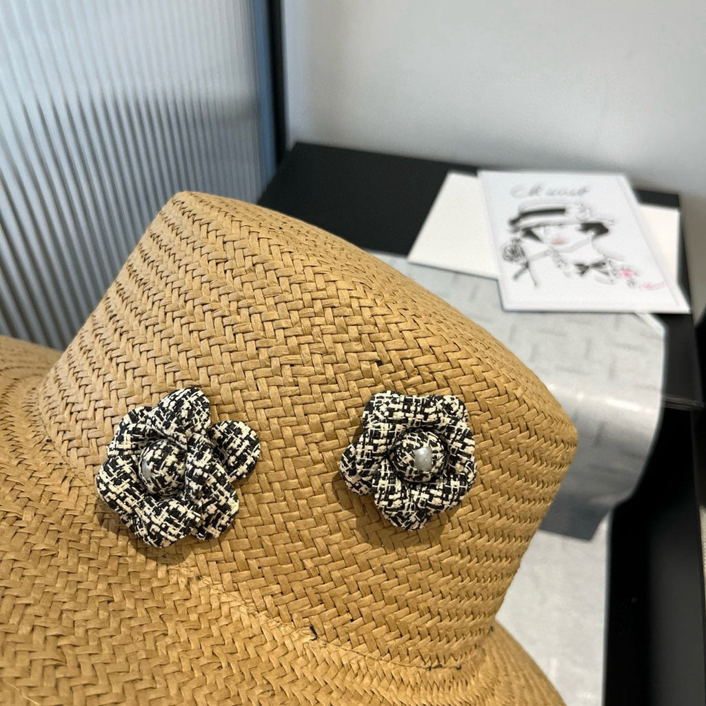 CHANEL FLAT STRAW HAT BROWN FLOWER ATTACHMENT 673930