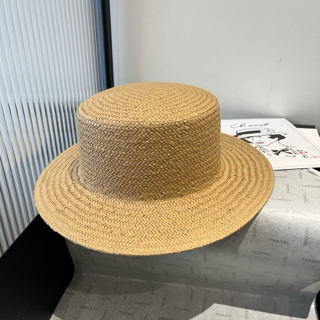 CHANEL FLAT STRAW HAT BROWN FLOWER ATTACHMENT 673930