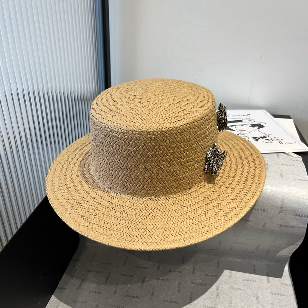 CHANEL FLAT STRAW HAT BROWN FLOWER ATTACHMENT 673930