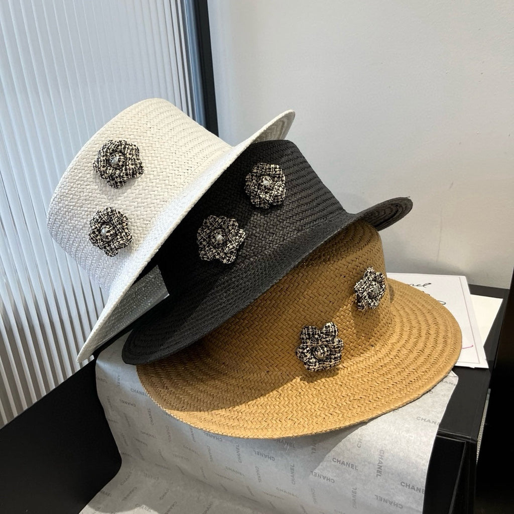 CHANEL FLAT STRAW HAT BROWN FLOWER ATTACHMENT 673930