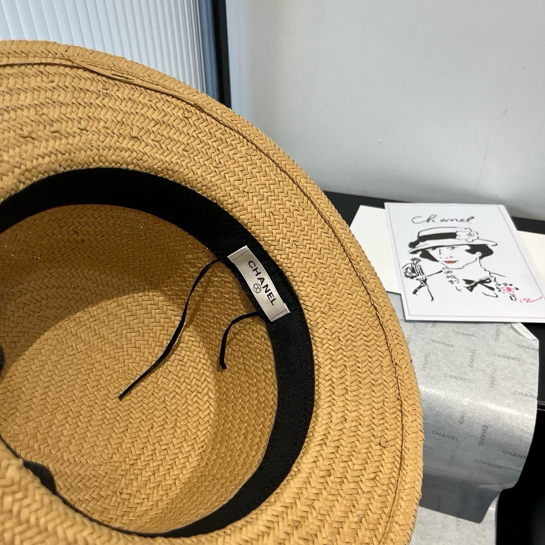 CHANEL FLAT STRAW HAT BROWN FLOWER ATTACHMENT 673930