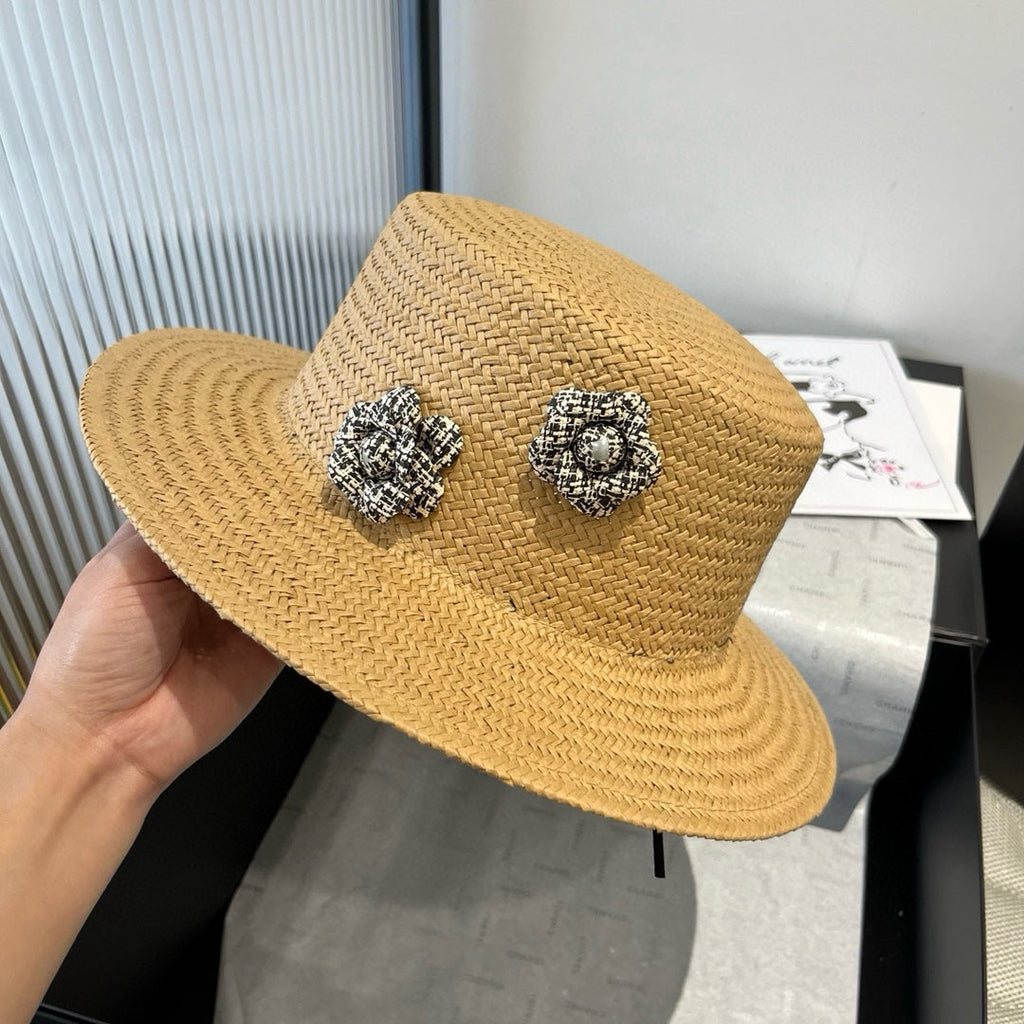 CHANEL FLAT STRAW HAT BROWN FLOWER ATTACHMENT 673930