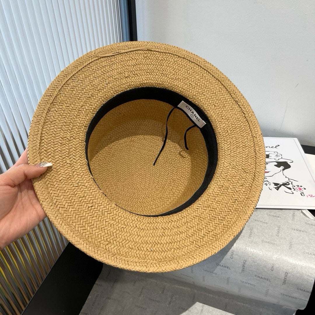 CHANEL FLAT STRAW HAT BROWN FLOWER ATTACHMENT 673930