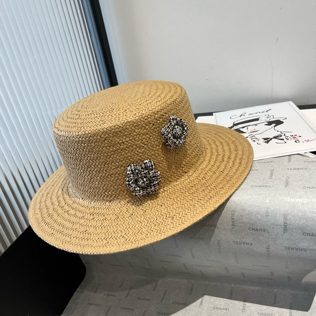 CHANEL FLAT STRAW HAT BROWN FLOWER ATTACHMENT 673930