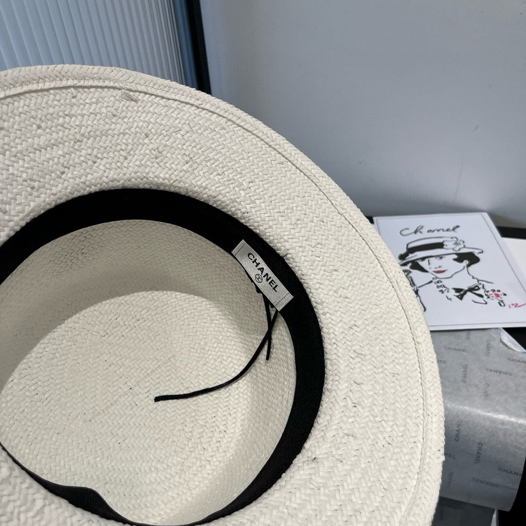 CHANEL FLAT STRAW HAT WHITE FLOWER ATTACHMENT 673931