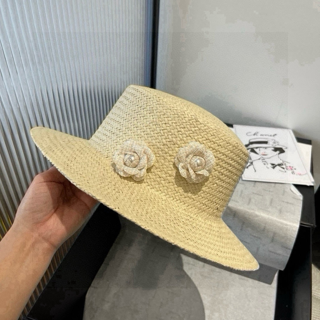 CHANEL FLAT STRAW HAT IVORY FLOWER ATTACHMENT 673932