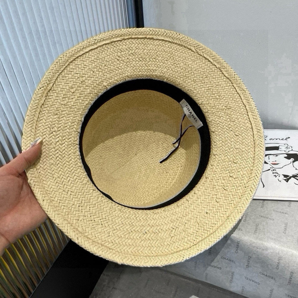 CHANEL FLAT STRAW HAT IVORY FLOWER ATTACHMENT 673932