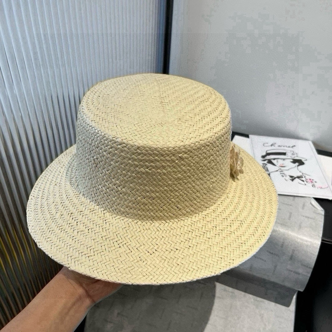 CHANEL FLAT STRAW HAT IVORY FLOWER ATTACHMENT 673932