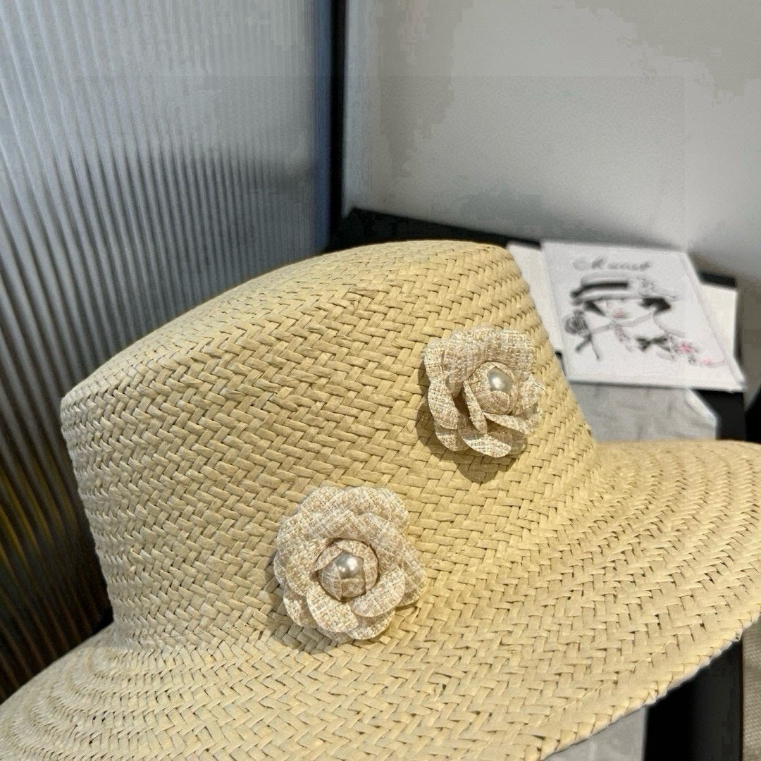 CHANEL FLAT STRAW HAT IVORY FLOWER ATTACHMENT 673932