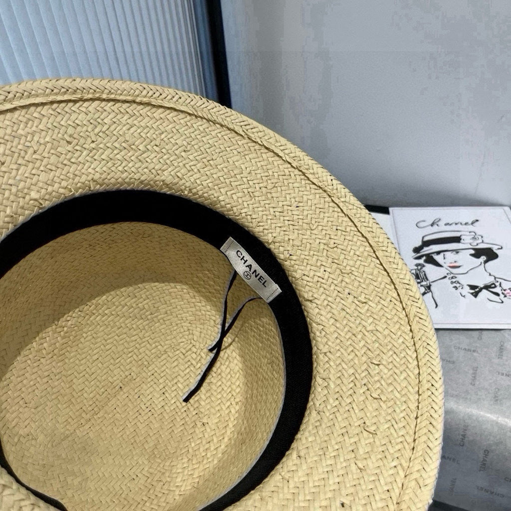 CHANEL FLAT STRAW HAT IVORY FLOWER ATTACHMENT 673932