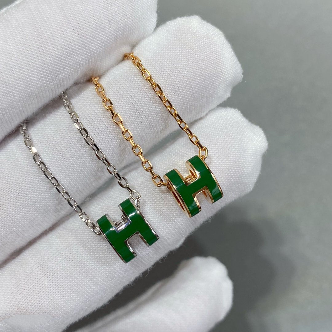 HERMES POP H GREEN NECKLACE SILVER AND GOLD