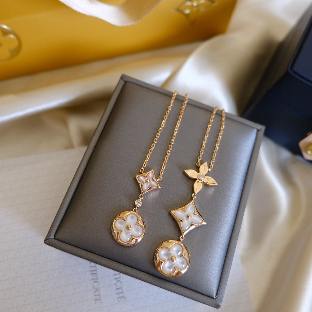 LOUIS VUITTON COLOR BLOSSOM LARIAT NECKLACE PINK GOLD WHITE MOTHER PEARL AND DIAMOND