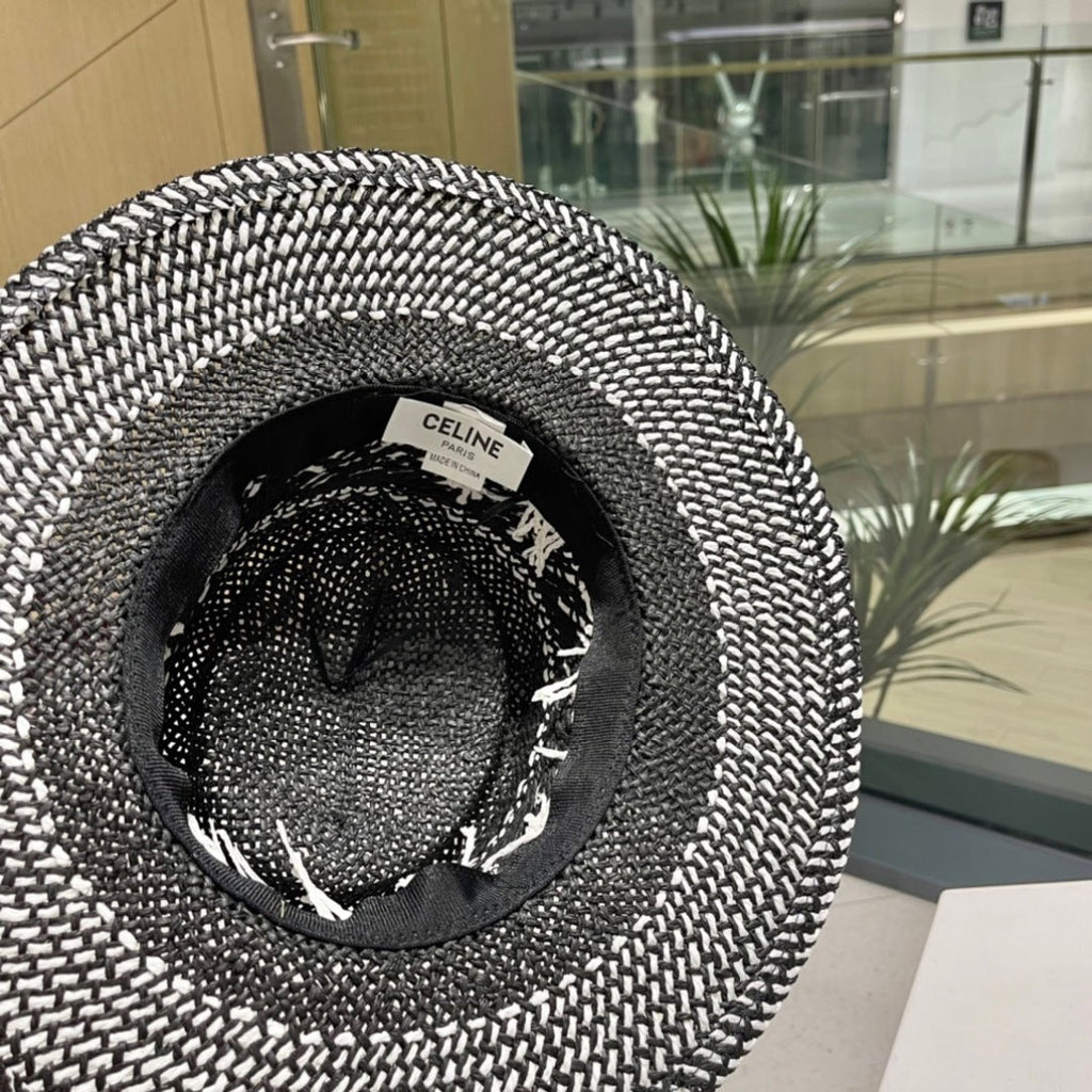 CELINE WIDE BRIM HAT MODEL 652048 IN BLACK AND WHITE WOVEN STRAW