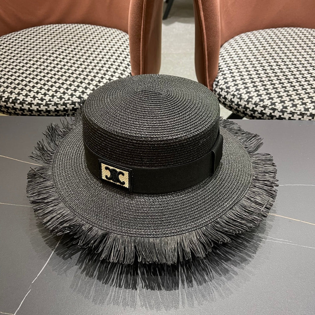 CELINE WIDE BRIM HAT MODEL 651883 IN BLACK WOVEN STRAW
