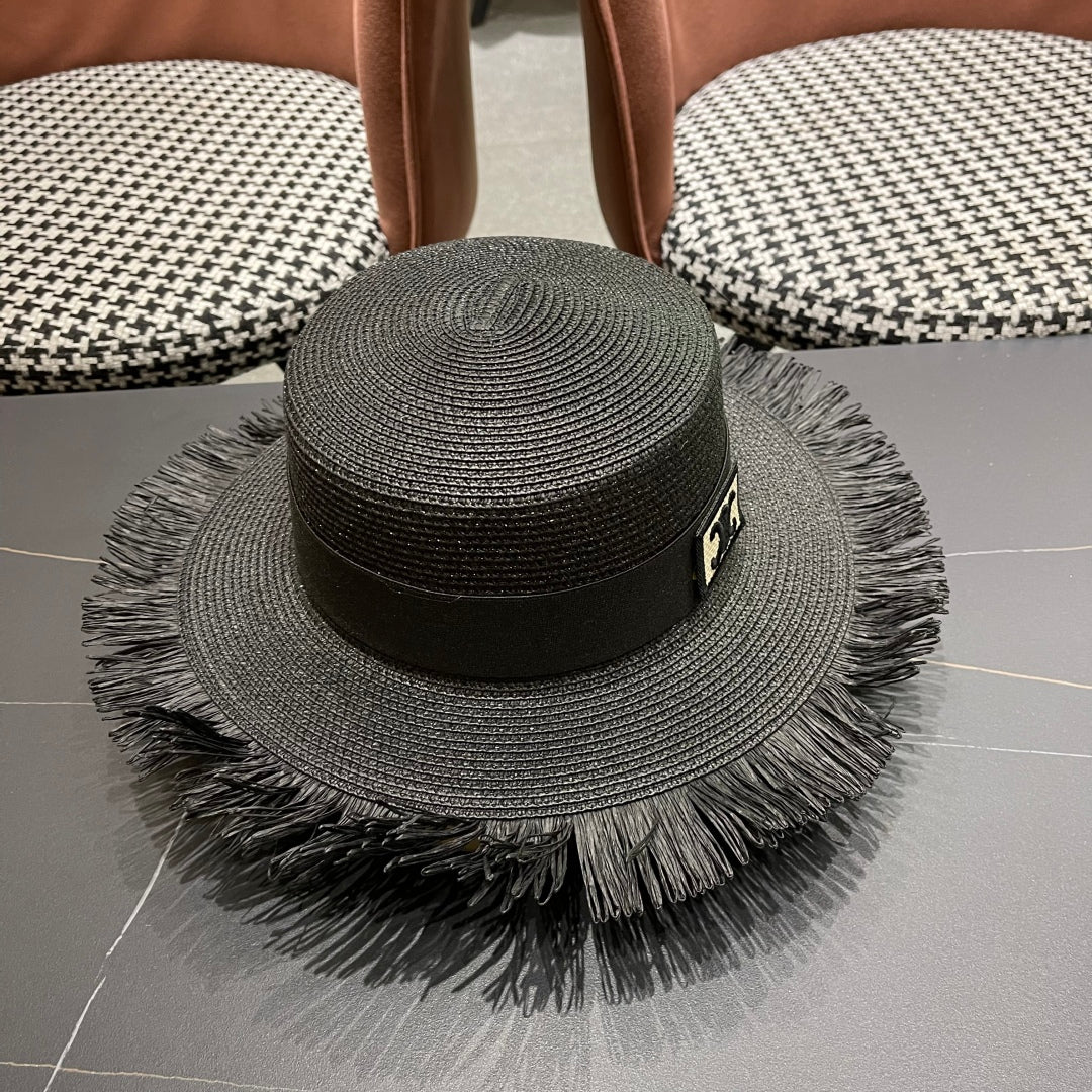 CELINE WIDE BRIM HAT MODEL 651883 IN BLACK WOVEN STRAW