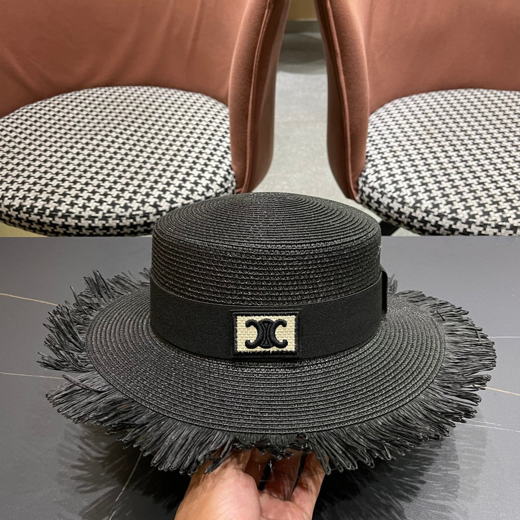 CELINE WIDE BRIM HAT MODEL 651883 IN BLACK WOVEN STRAW