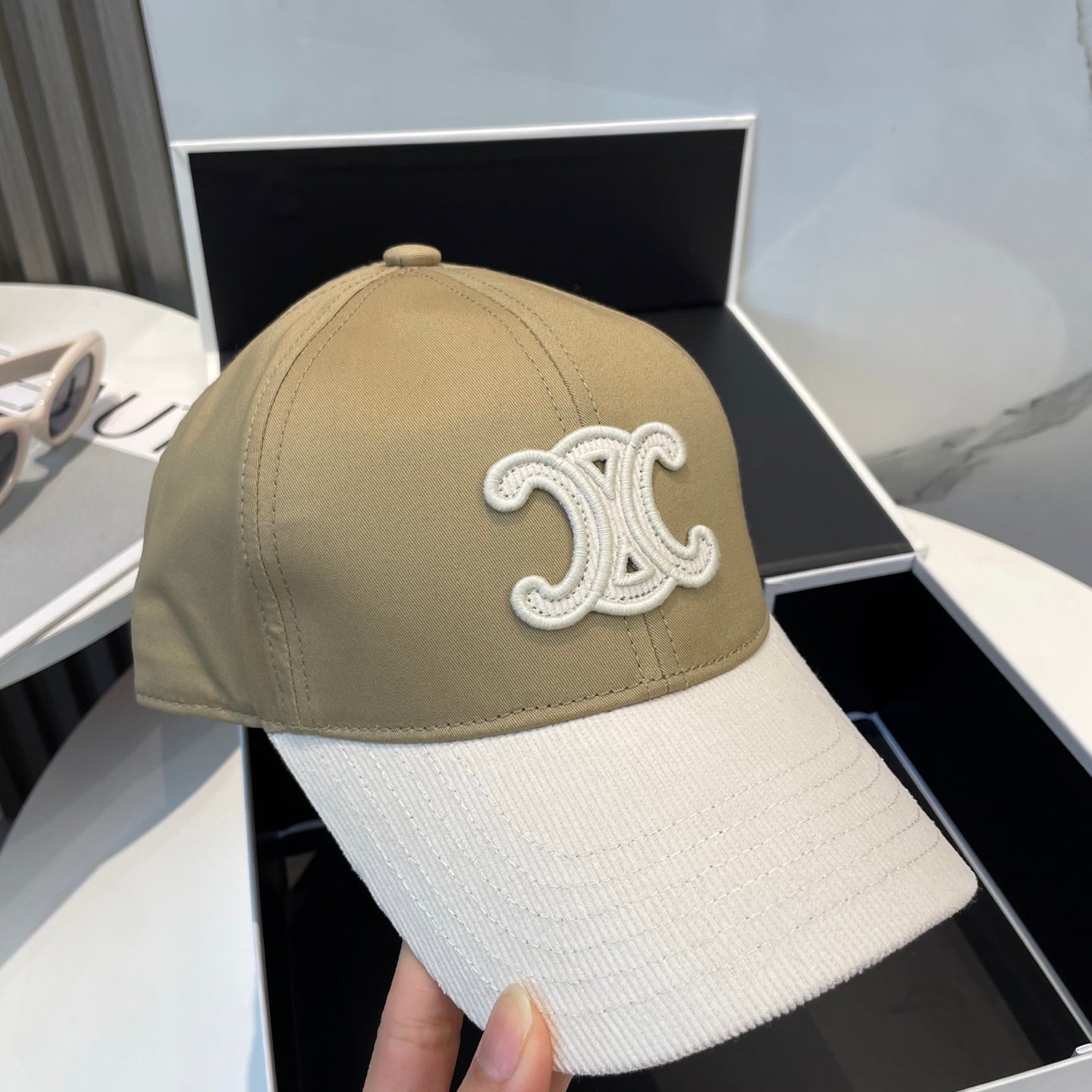 CELINE BASEBALL CAP MODEL 652407 IN OLIVE GREEN AND WHITE FABRIC
