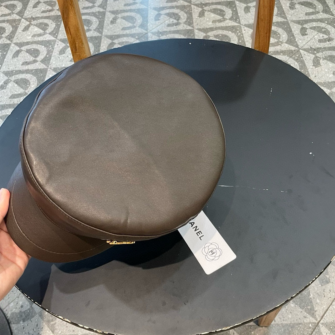 CHANEL NEWSBOY CAP IN CHOCOLATE BROWN CALFSKIN 421105